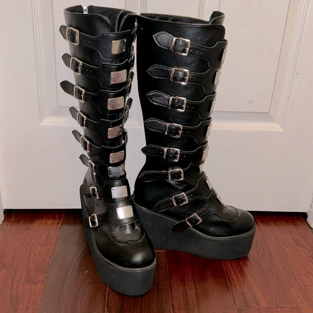 Black Platform Knee-High Buckle Boots